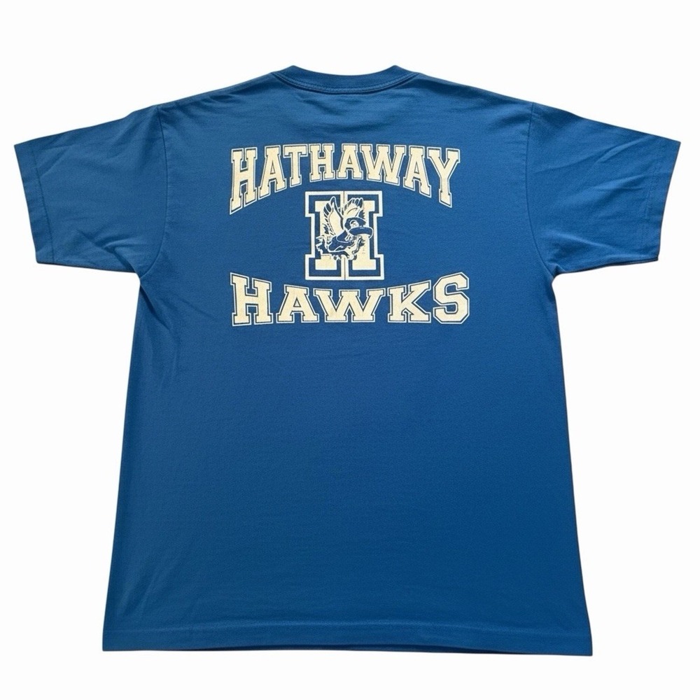 Vintage 80s Hathaway Hawks Staff High School T Shirt Graphic Gym Retro Blue Sz L
